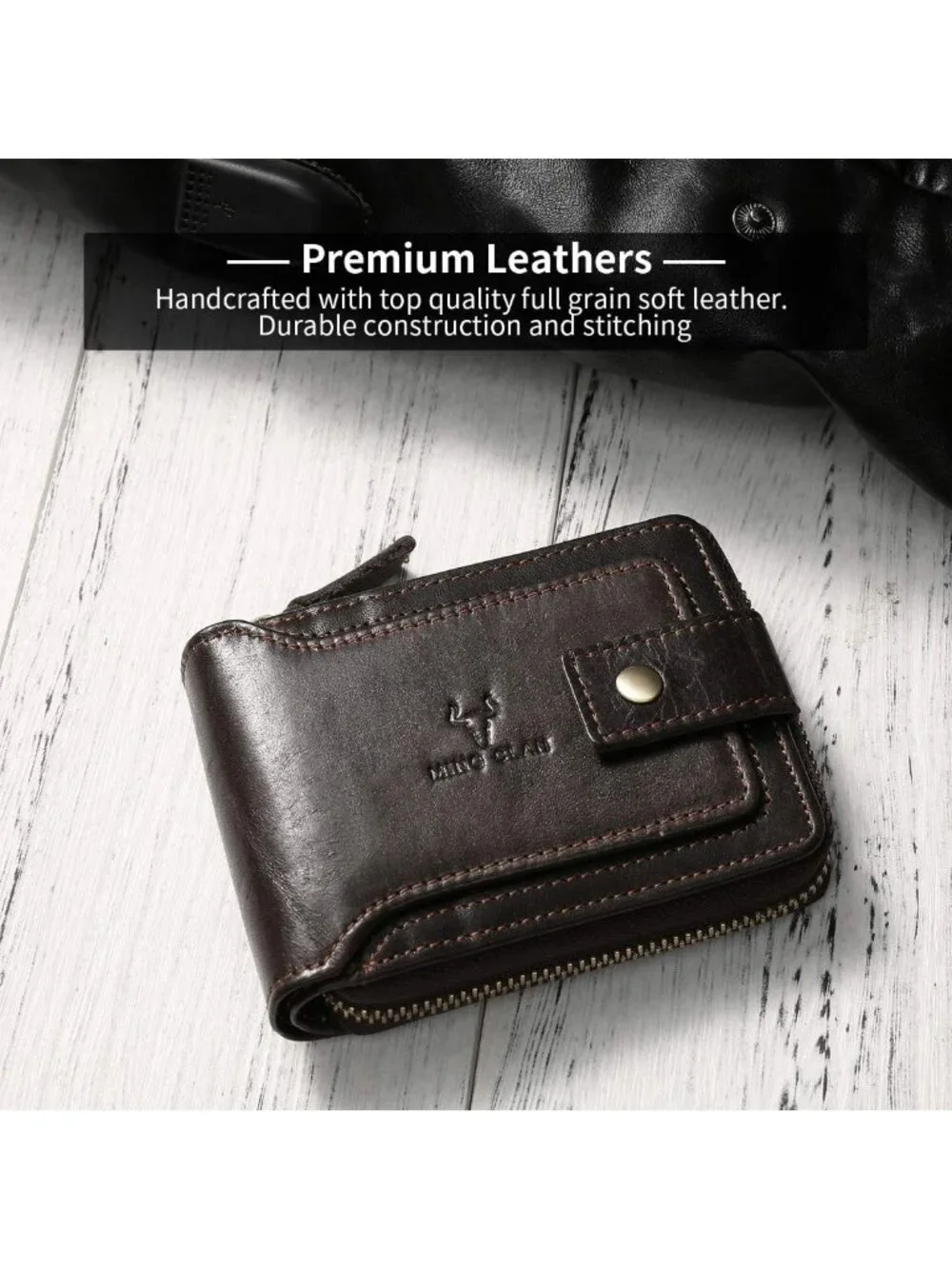 RFID Blocking Leather Bifold Wallet for Men - Zipper, ID Window, Coin Pocket